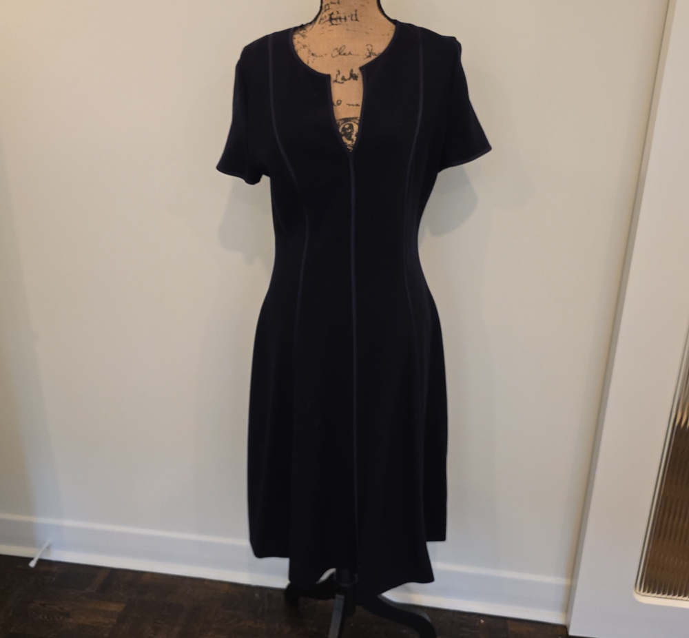 Escada Navy Short-Sleeve Midi Dress with Front Seam Detail